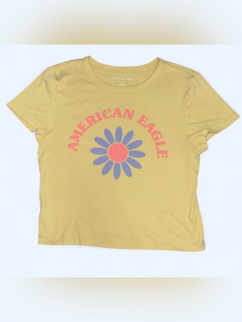 American Eagle Outfitters Yellow Tee with Pink Logo & Purple Daisy